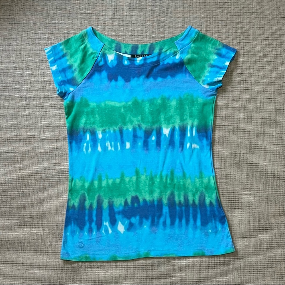 Lauren Ralph Lauren Cap Sleeve Blue and Green Tie Dye Top Size M Great Condition